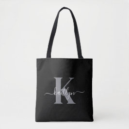 Modern zwart grijs script monogram tote bag