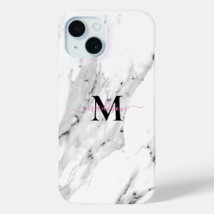 Modern zwart grijs wit marmer patroon monogram iPhone 15 case