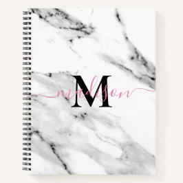 Modern zwart grijs wit marmer patroon monogram notitieboek