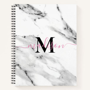 Modern zwart grijs wit marmer patroon monogram notitieboek