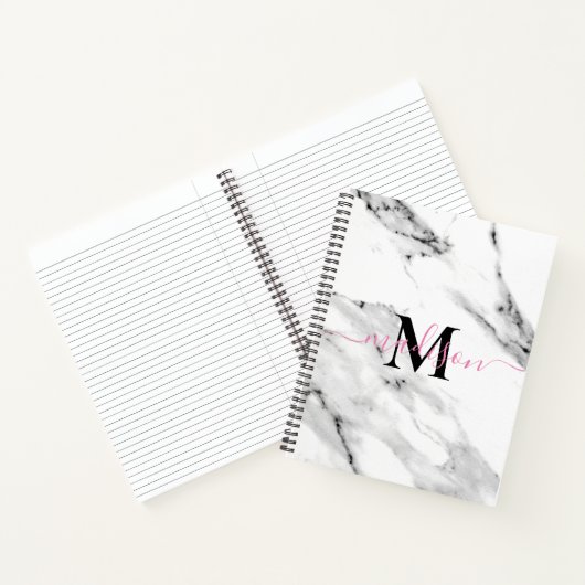 Modern zwart grijs wit marmer patroon monogram notitieboek (Binnen)