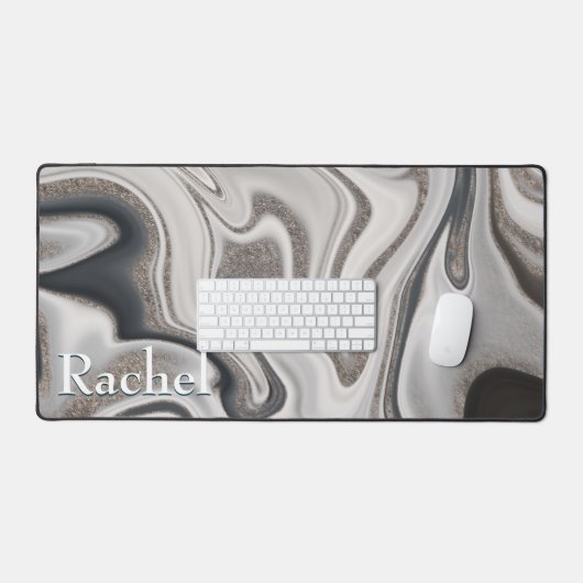 Modern Zwart Grijs & Zilver Marmeren Swirl Monogra Bureaumat (Keyboard & Muis)