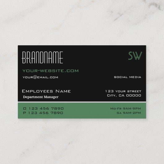 Modern zwart-groen en wit eenvoudig met monogram visitekaartje (Achterkant)