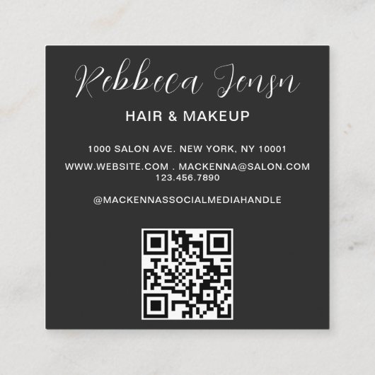 Modern zwart haar make-up foto initiaal qr code vierkante visitekaartje (Achterkant)