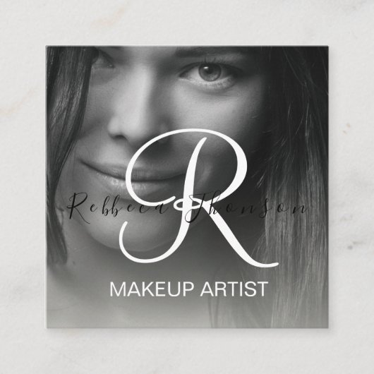Modern zwart haar make-up foto initiaal qr code vierkante visitekaartje (Voorkant)