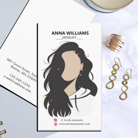 Modern zwart haar meisje oorbel display visitekaartje