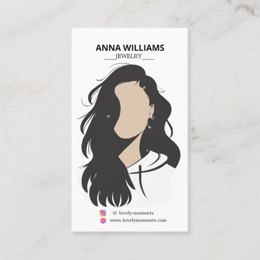 Modern zwart haar meisje oorbel display visitekaartje (Voorkant)