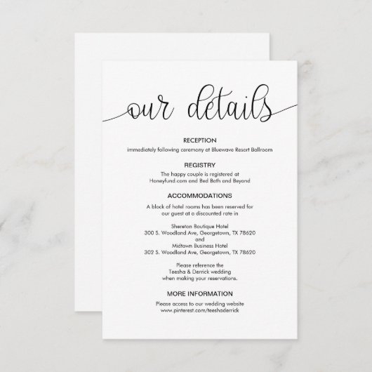 Modern Zwart Hand Geletterd ontwerp, Wedding Detai Informatiekaartje (Voorkant / Achterkant)