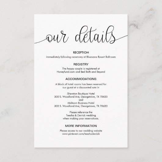 Modern Zwart Hand Geletterd ontwerp, Wedding Detai Informatiekaartje (Voorkant)