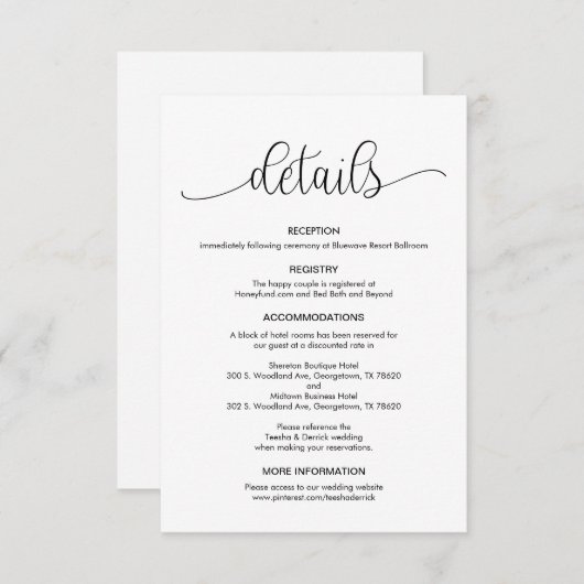 Modern zwart-handgedrukt ontwerp, huwelijksgegeven informatiekaartje (Voorkant / Achterkant)