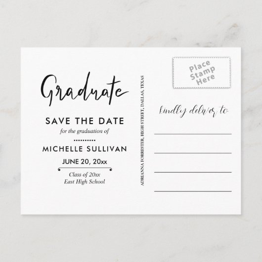 Modern zwart | handgeschreven afstuderen script |  aankondigingskaart (Achterkant)