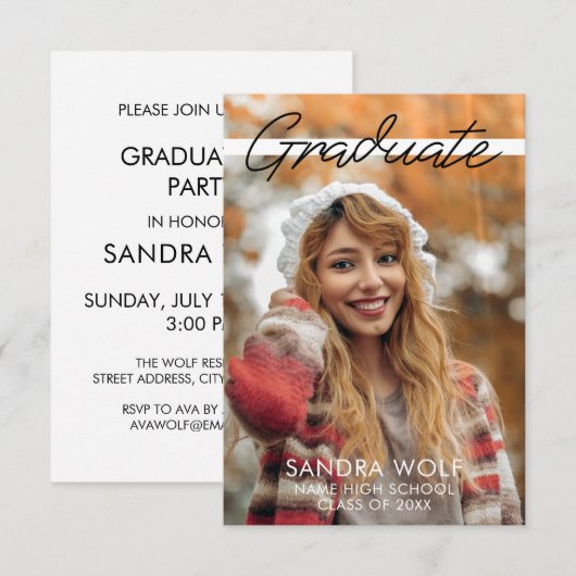 Modern Zwart Handgeschreven Script Foto Afstuderen Kaart (Voorkant / Achterkant)