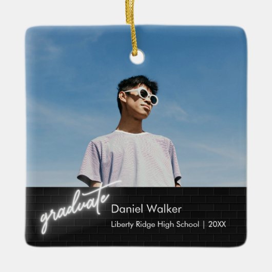 Modern zwart handschrift Neon foto Afstuderen Keramisch Ornament (Voorkant)