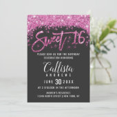 Modern Zwart Helder Roze Glitter Dust Sweet 16 Kaart (Staand voorkant)
