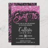 Modern Zwart Helder Roze Glitter Dust Sweet 16 Kaart (Voorkant / Achterkant)