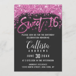 Modern Zwart Helder Roze Glitter Dust Sweet 16 Kaart