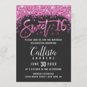 Modern Zwart Helder Roze Glitter Dust Sweet 16 Kaart