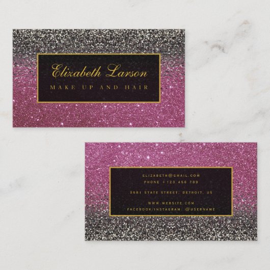 Modern Zwart Helder Roze Glitter Schoonheid Make-u Visitekaartje (Voorkant / Achterkant)