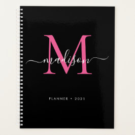Modern Zwart Hot Pink Girly Monogram Script 2021 Planner