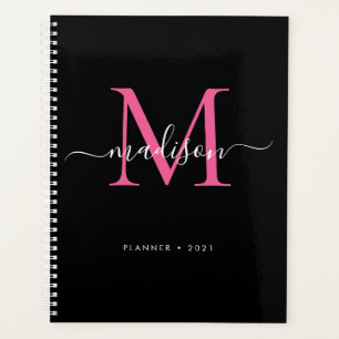 Modern Zwart Hot Pink Girly Monogram Script 2021 Planner