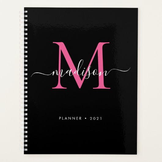 Modern Zwart Hot Pink Girly Monogram Script 2021 Planner (Voorkant)