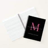 Modern Zwart Hot Roze Girly Monogram Script Naam Notitieboek (Binnen)
