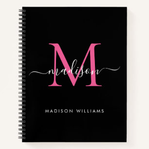 Modern Zwart Hot Roze Girly Monogram Script Naam Notitieboek