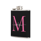 Modern Zwart Hot Roze Magenta Monogram Script Naam Heupfles (Links)