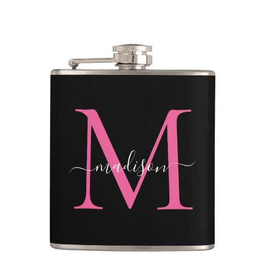 Modern Zwart Hot Roze Magenta Monogram Script Naam Heupfles (Voorkant)