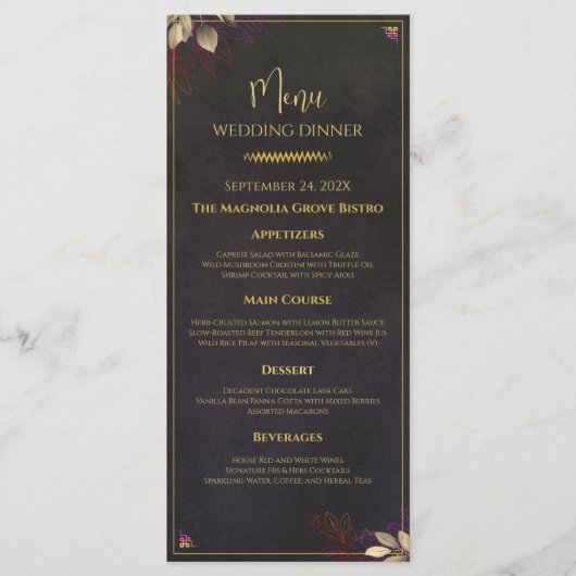 Modern Zwart Houtskool & Gouden Trouwdiner Menu (Voorkant)