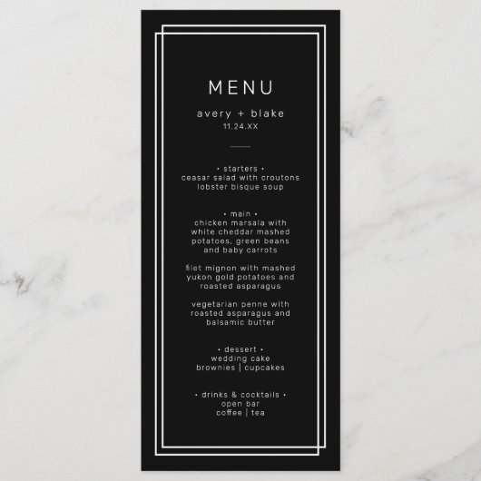 Modern zwart huwelijksmenu / AVERY Suite Menu (Voorkant)