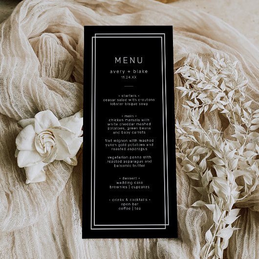 Modern zwart huwelijksmenu / AVERY Suite Menu