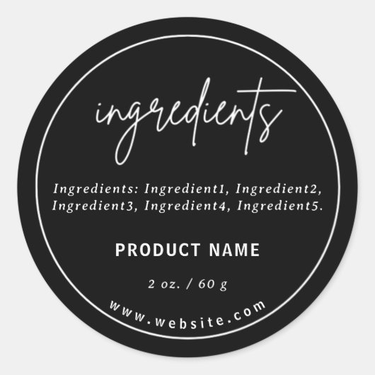 Modern Zwart Ingrediënten Productlabel Ronde Sticker (Voorkant)