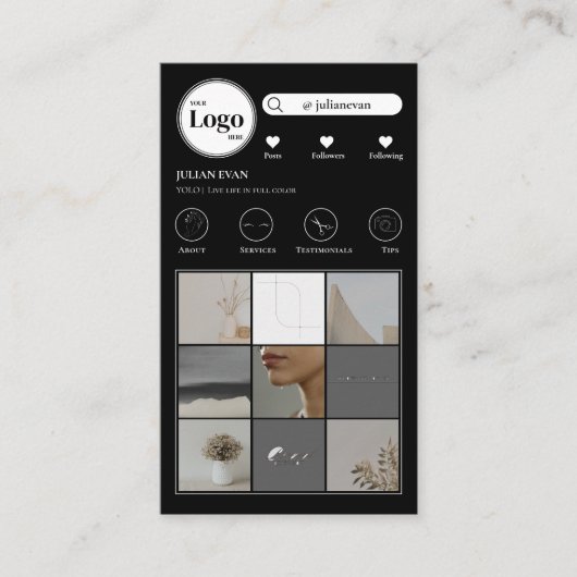Modern zwart Instagram fotocollage Visitekaartje (Voorkant)