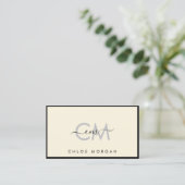 Modern zwart ivoor script signatuur monogram visitekaartje (Staand voorkant)