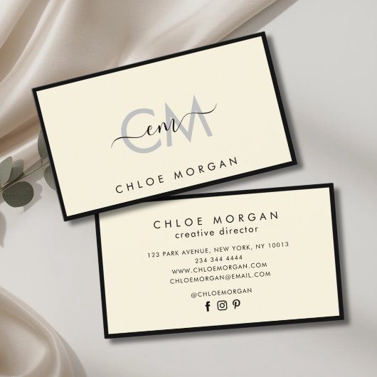 Modern zwart ivoor script signatuur monogram visitekaartje