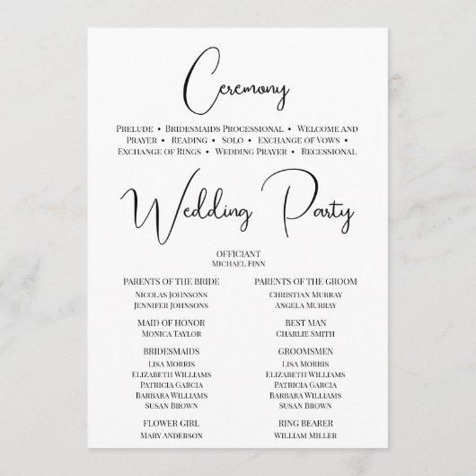 Modern zwart kalligrafie bruiloft ceremonie progra programmakaart (Achterkant)