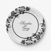Modern zwart kant wit damast patroon papieren bordje (Voorkant)