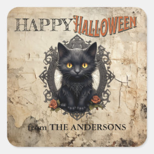Modern zwart kat oud papier Halloween Vierkante Sticker