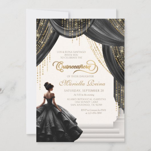 Modern Zwart Koninklijk Sprookje Quinceanera Kaart (Voorkant)