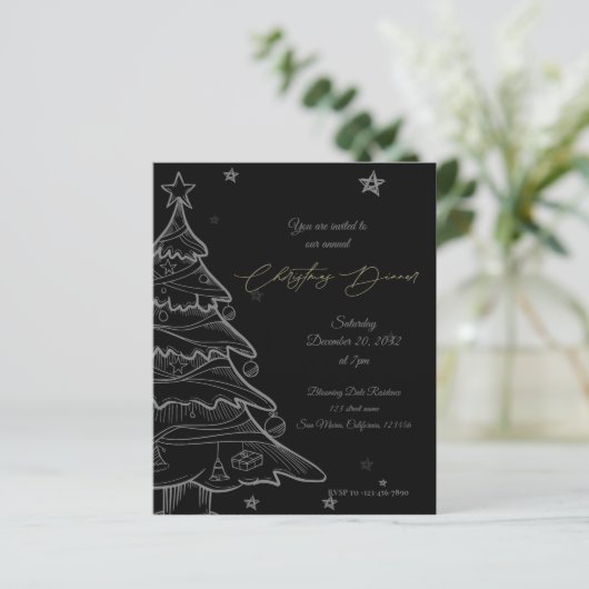 Modern zwart krijtbord kerstdiner uitnodigen (Staand voorkant)