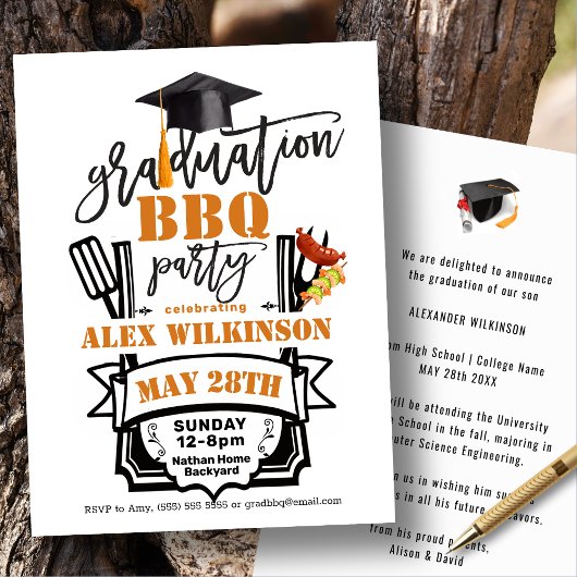Modern Zwart Leuk Script Afstuderen BBQ Party Kaart