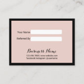 Modern Zwart Lijst Blush Roze Beauty Salon Aanbevelingskaartje (Achterkant)
