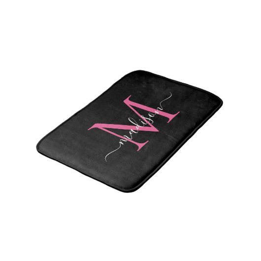 Modern zwart magenta roze monogram script elegant badmat (Gekanteld)