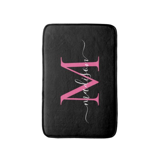 Modern zwart magenta roze monogram script elegant badmat (Voorkant Verticaal)