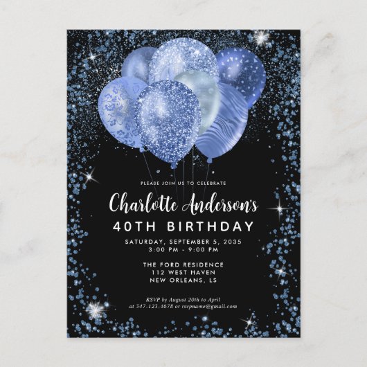 Modern Zwart Marine Blauw Glitter Ballon Verjaarda Briefkaart (Voorkant)