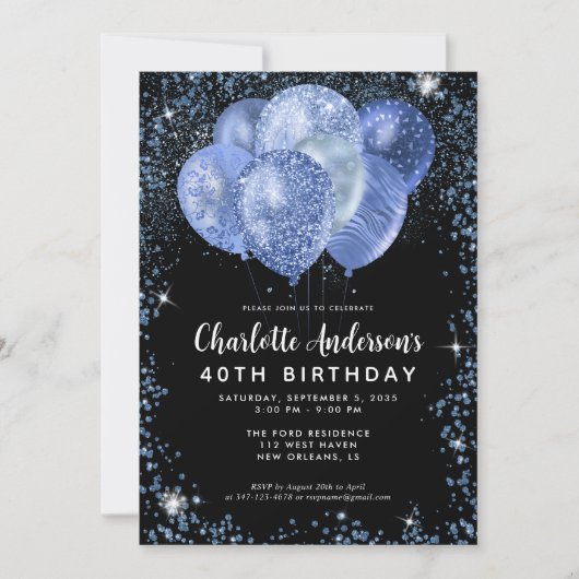 Modern Zwart Marine Blauw Glitter Ballon Verjaarda Kaart (Voorkant)