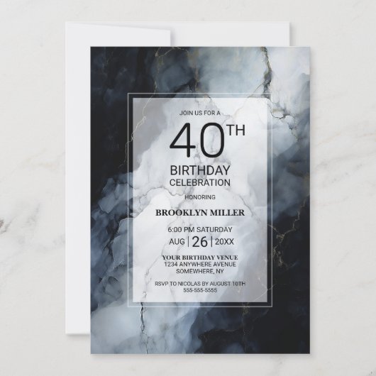 Modern zwart marmer 40e verjaardagsfeestje kaart (Voorkant)
