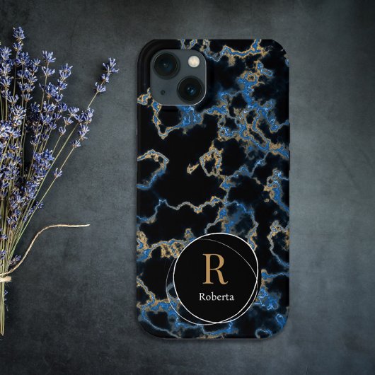 Modern zwart marmer Custom Name Monogram Case-Mate iPhone Case
