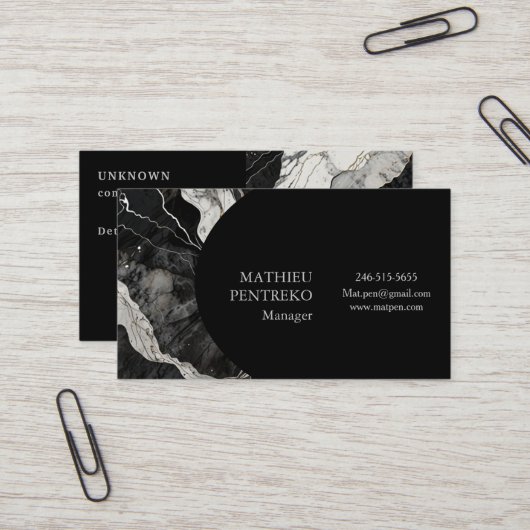 Modern zwart marmer en zilver formele douane visitekaartje (Voorkant / Achterkant in situ)